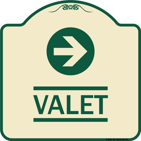 SIGNMISSION Designer Series Valet Right Arrow, Tan & Green Heavy-Gauge Aluminum Sign, 18" x 18", TG-1818-22743 A-DES-TG-1818-22743